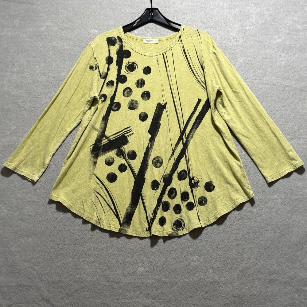 Jess & Jane Tunic Women's 1X Mineral Wash Yellow Cotton Casual Artsy Flowy